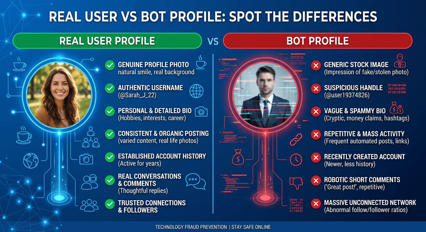 Comparison of real user versus bot profile indicators showing warning signs to watch for