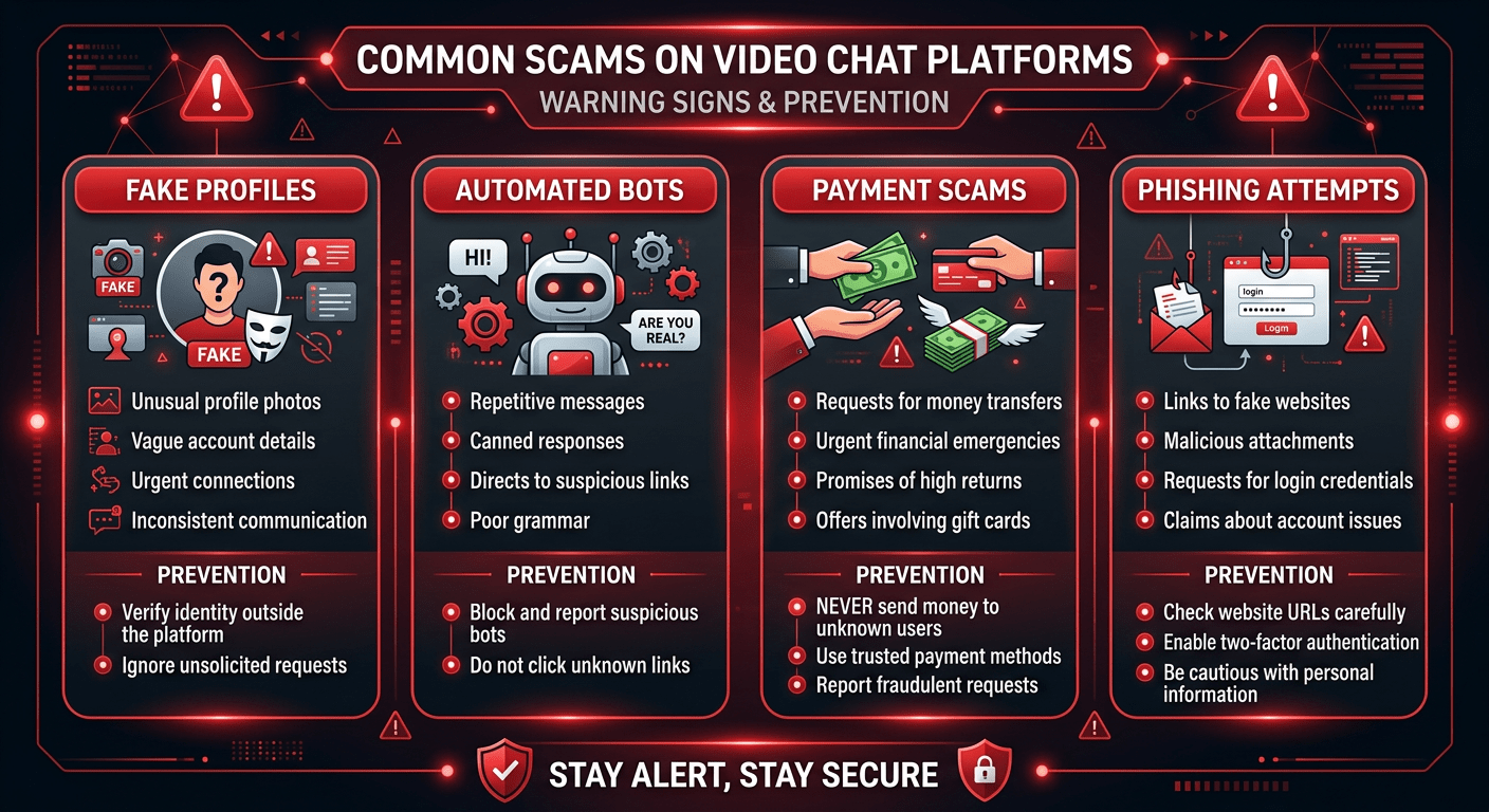 Common scam patterns on video chat platforms infographic showing bot behaviors and fraud warning signs