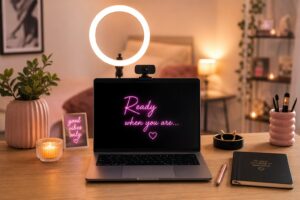Clean adult cam2cam workspace setup with ring light webcam and tidy background