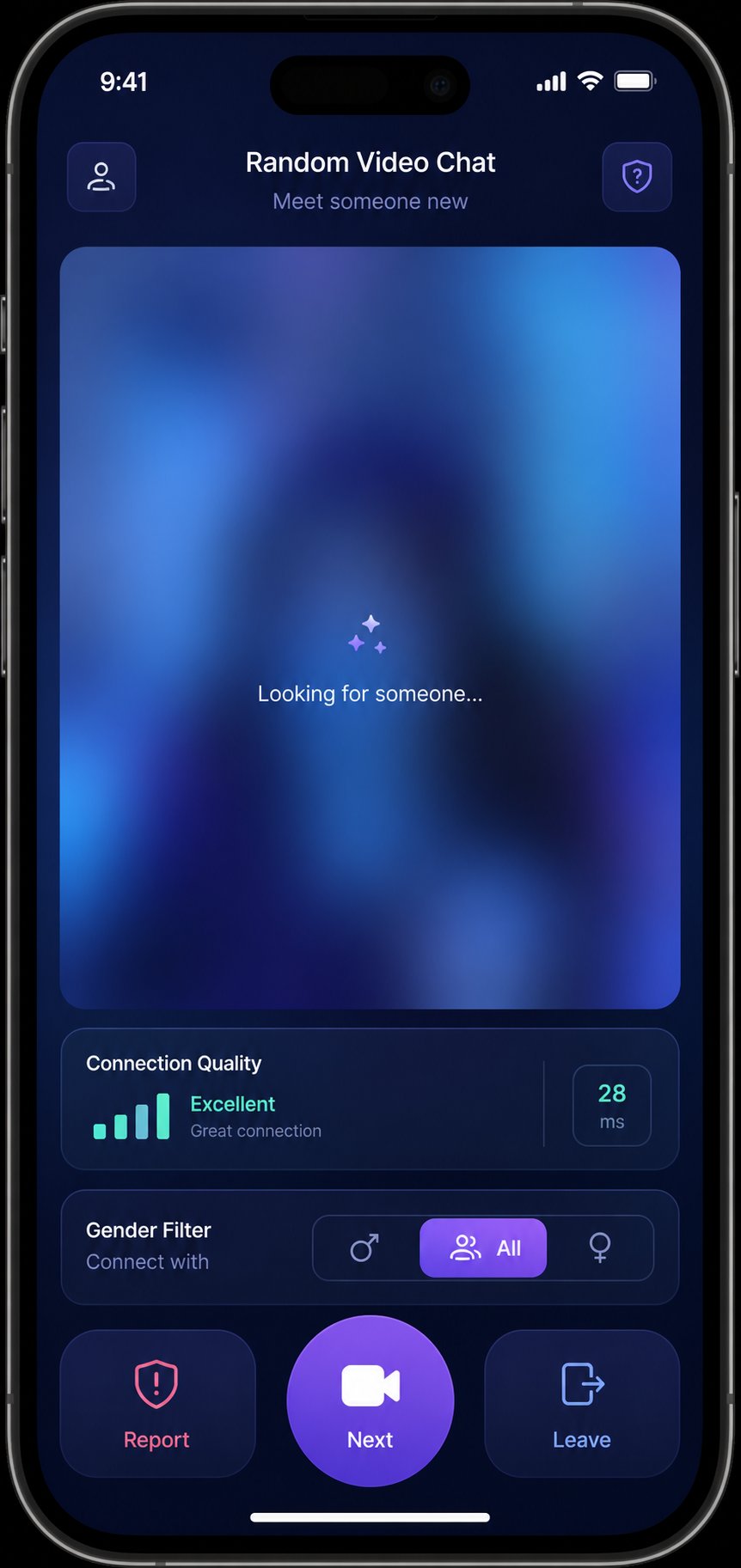 Modern random chat interface showing connection quality and filter features