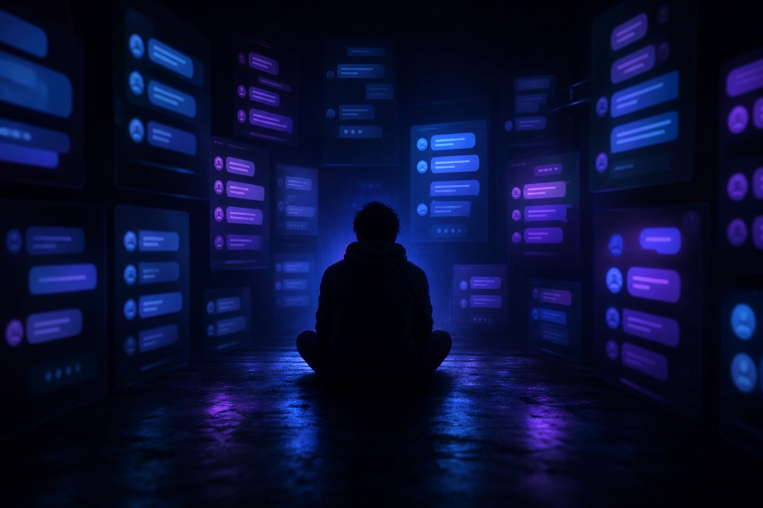 Person alone in a dark room surrounded by glowing random chat screens