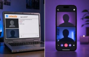 Old Omegle interface on laptop next to modern random chat app on phone
