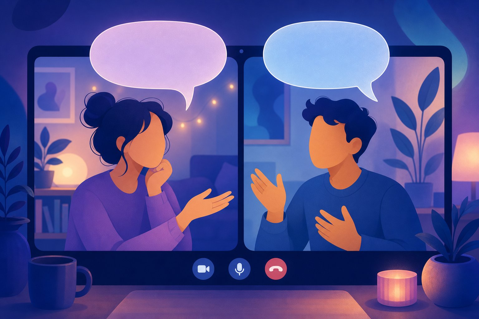 Two people having cam2cam chat with open ended question speech bubbles