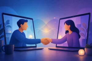 Two video chat users sharing a respectful handshake gesture