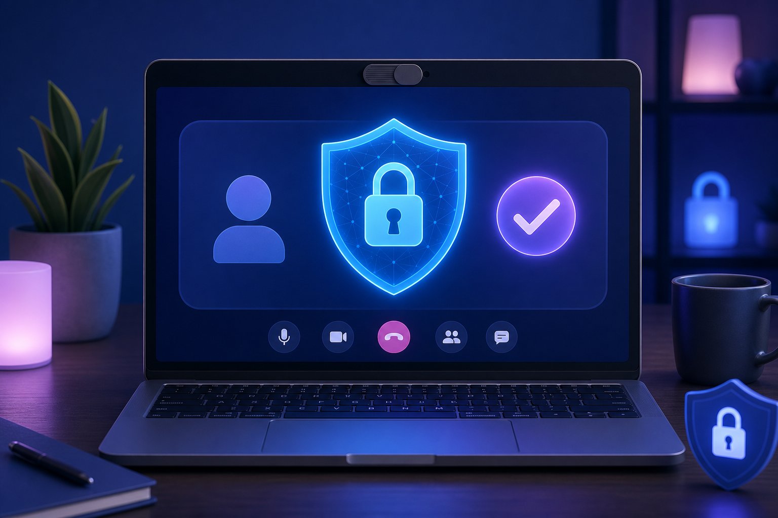 Safe video chat setup with webcam cover VPN and consent checkmark